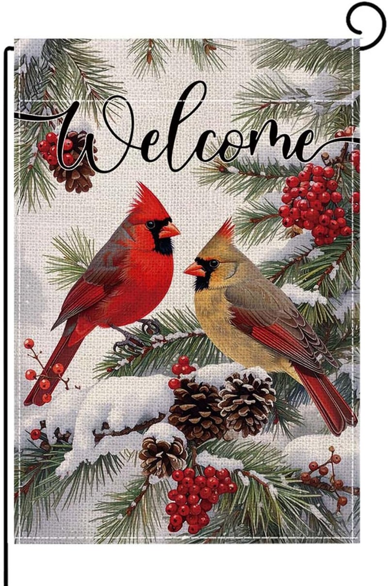 ONFAON Christmas Decorations -Welcome Christmas Garden Flag 12x18 Inch Red Cardinal Bird Twigs Yard Flag Double Sided Holly Berry Snow Seasonal Xmas Winter Yard Flag for Outside Decoration - Image 1